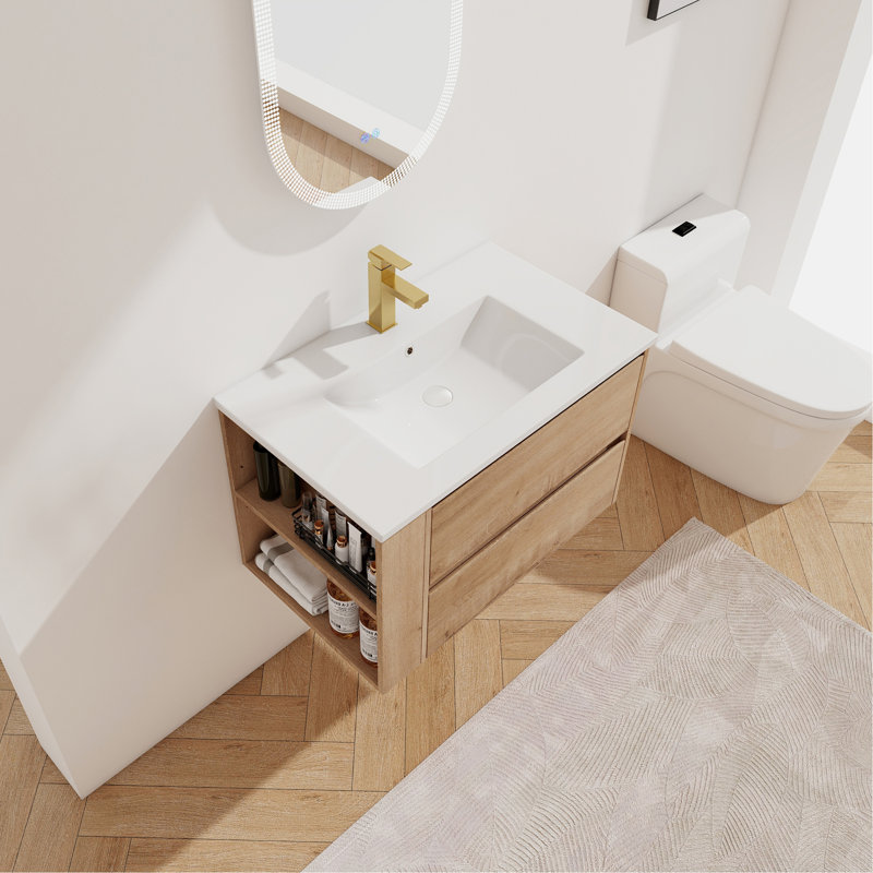 30" Wall Mounting Bathroom Vanity With Ceramic Sink, 2-Soft Close Drawer, 30"