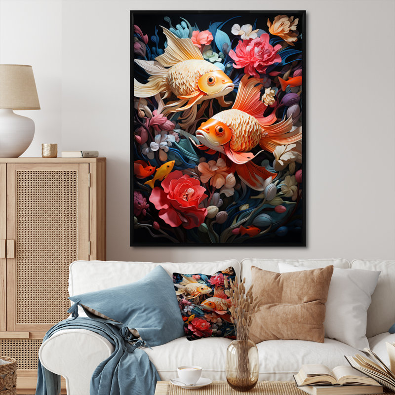«Minimalisme Fish Collages IV», reproduction d'art sur toile, Cadre flottant noir, H 32 po x l 16 po x P 1 po