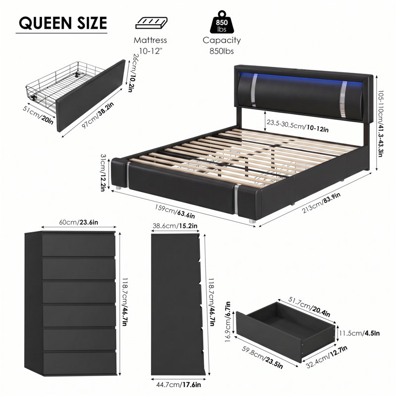 Ensemble de chambre à coucher avec rangement 3 pièces, lit de rangement rembourré en similicuir et deux commodes à 6 tiroirs
