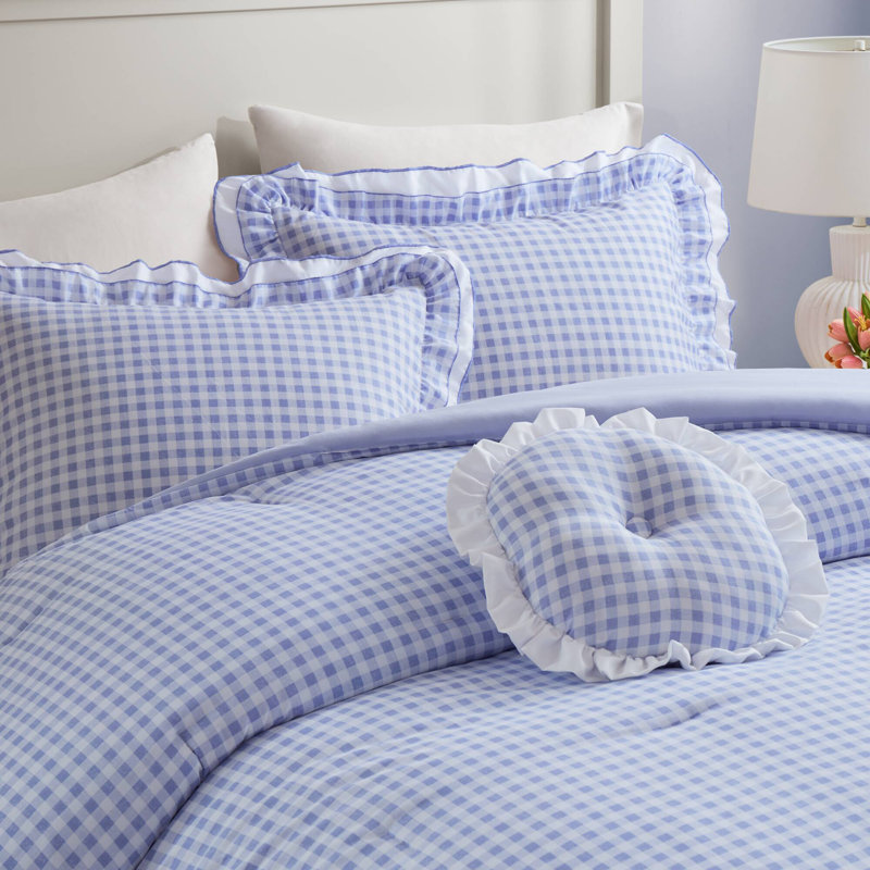 Soft Microfiber Bedding Sets, Blue Ruffle Gingham Full Queen For Home