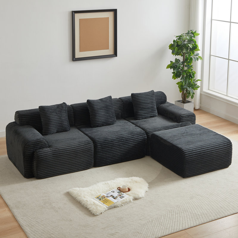 114" Corduroy Upholstered Sectional Sofa with Throw Pillows, Black Corduroy