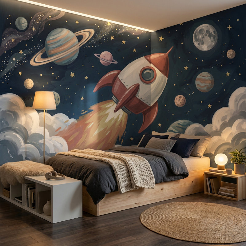 Starry Night Wallpaper Rocket Space Wall Mural, 100"x96", Peel and Stick