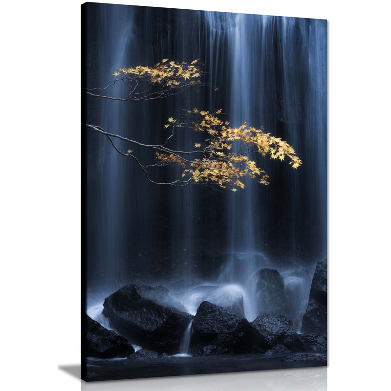 Waterfall & The Yellow Leaves Tree In Autumn - Wrapped Canvas Print, 31cm H x 20cm W