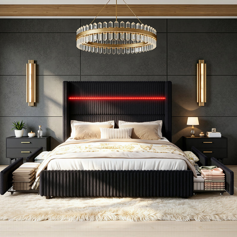 
Gerasim Upholstered Platform Bed with Storage Drawers and Charging Station, Wood Slat Support Bed Frame,Black, Queen, Black