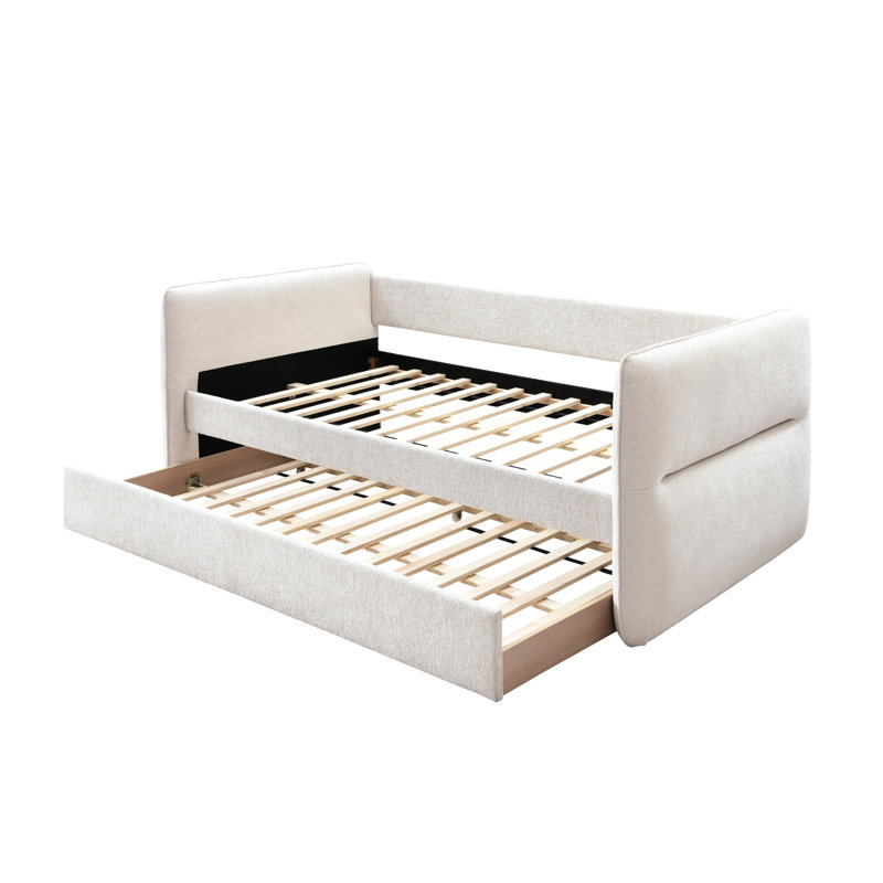 Lit de jour moderne avec lit gigogne escamotable, détail de boutons, ton avoine, bois pour espace de vie, teinte, chambre à coucher