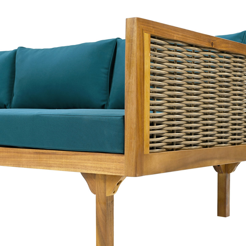 Lit de jour Claremont 3 places avec accoudoirs en rotin (coussin en teck), Sarcelle