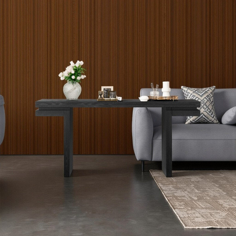 Console de 66 pouces de long avec rangement à base ouverte, plateau en panneau de fibres à densité moyenne et placage en bois massif