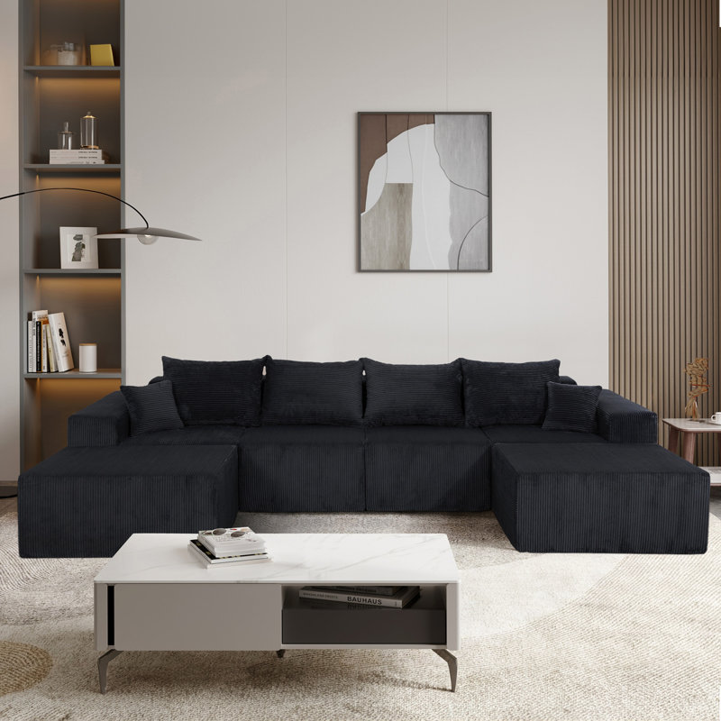 Canapé modulaire en forme de U 6 pièces en canapé convertible noir surdimensionné avec méridienne, aucun assemblage requis, revêtement en velours côtelé doux