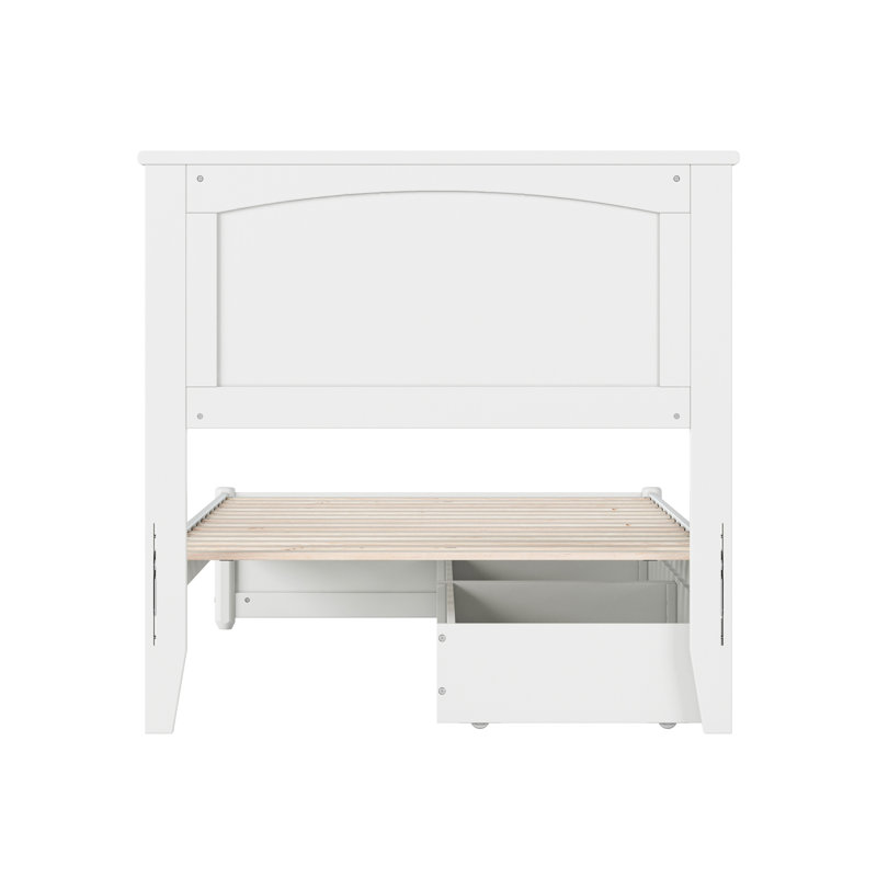 Lit plateforme en bois massif Lamaiyah avec pied de lit et tiroirs de rangement, Simple, Blanc