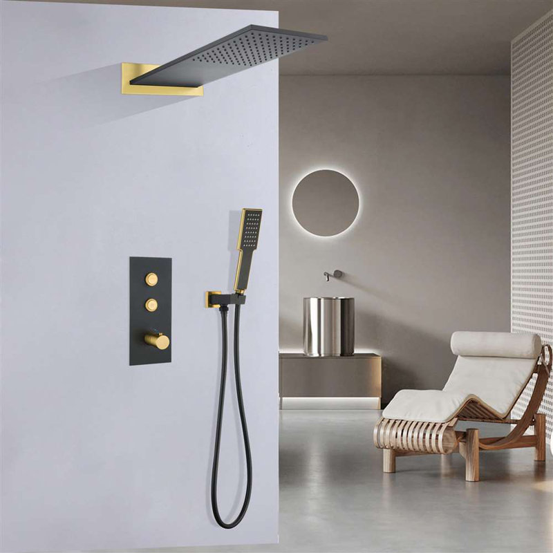 Matte Black and Gold Dual Function Thermostatic Wall Mounted Rain Shower Set with Mixer