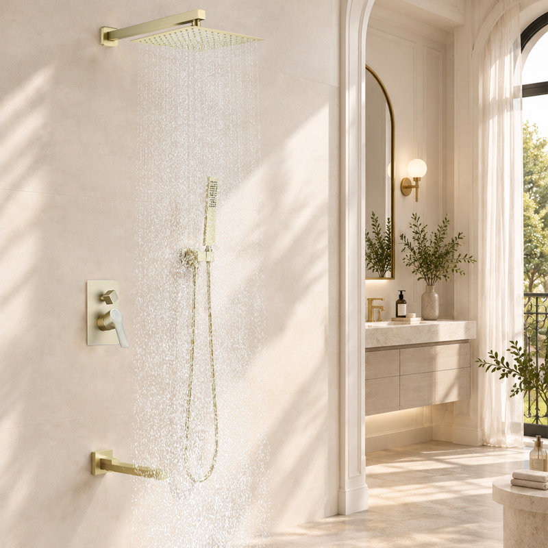 Système de douche à pression équilibrée à 3 fonctions certifié CUPC avec pommeau de douche effet pluie de 30,5 cm (12 po) en acier inoxydable SUS304, base et sortie en cuivre, flexible en acier inoxydable, fixation murale 88050-12