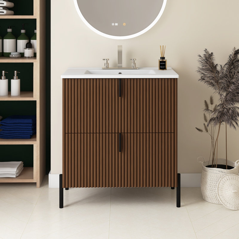 Meuble-lavabo 30 po avec lavabo en céramique, Brun