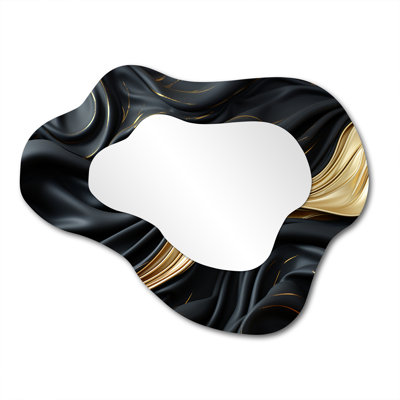 Gold And Black Soft Wave Fusion - Abstract Shapes Asymmetrical Mirror, Black Cloud Decorative Wall Mirror, Printed Metal Art