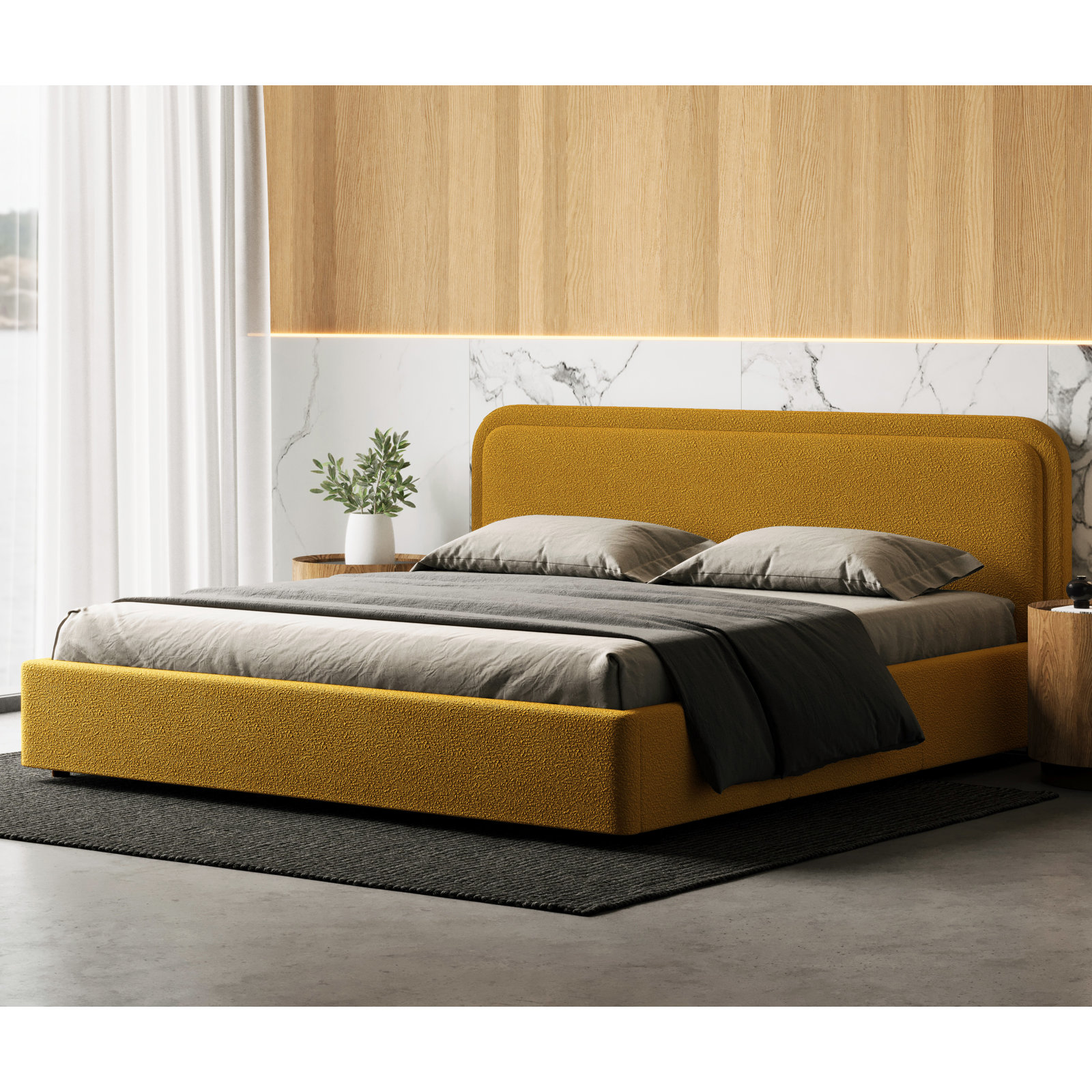 Baneza Platform Bed, King, Mustard Boucle