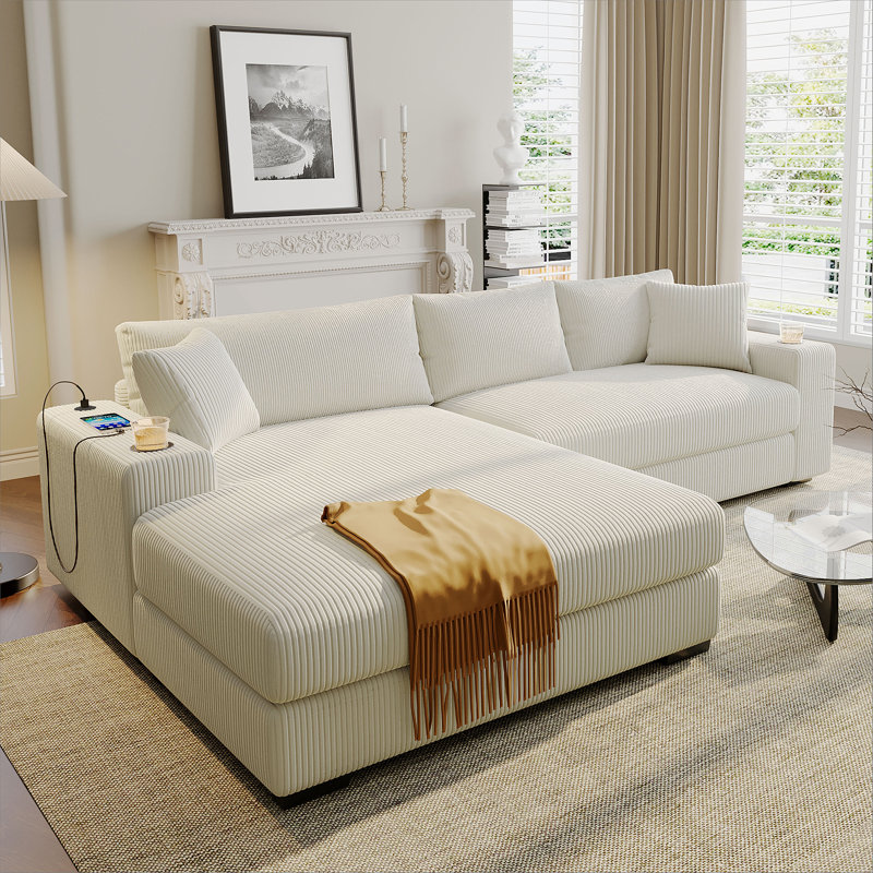 2 - Piece Upholstered Sectional, Beige Corduroy