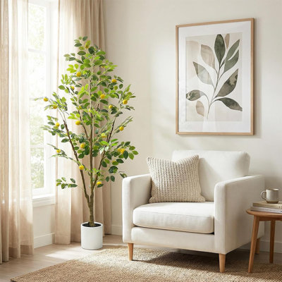 Citronnier artificiel de 6 pi avec pot à fleurs blanc, arbre fruitier artificiel avec feuilles en PE réalistes pour la décoration intérieure