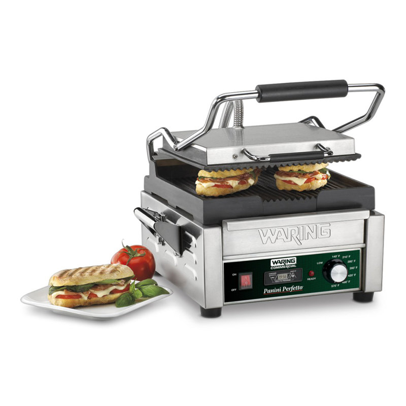 Waring 9.75 in. Cast Iron Non Stick Electric Grill Sandwich Maker & Panini Press with Lid