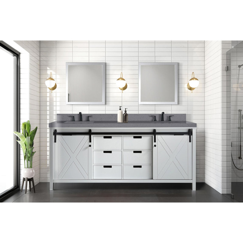 Meuble-lavabo double blanc 80 po Large, 30 miroirs, deux armoires intérieures, six tiroirs pour un grand rangement, un lavabo à installation rapide dans la salle de bain, un rangement et une tablette, assemblage rapide