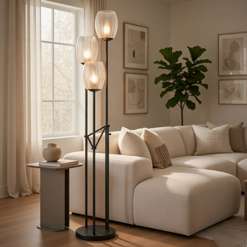 3 Light Torchiere Floor Lamp, Leaf Design Glass Shade, Black Metal 71 Inch