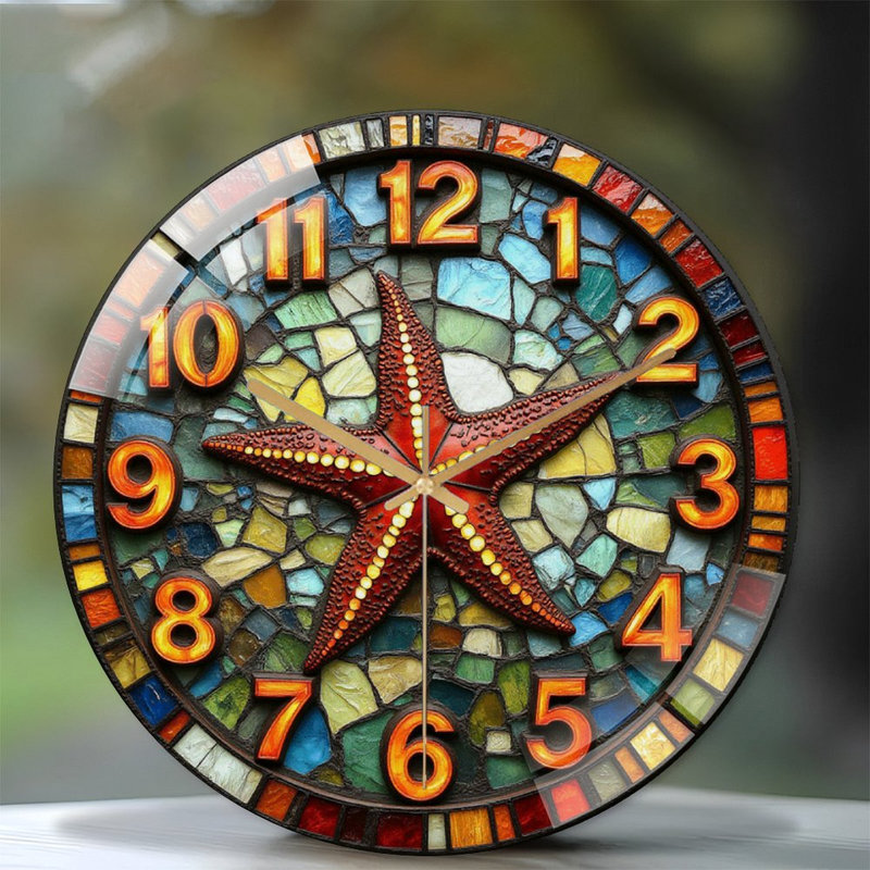Colorful Starfish Mosaic Wall Clock for Home Decor Art - 12'' Modern Glass Wall Clock