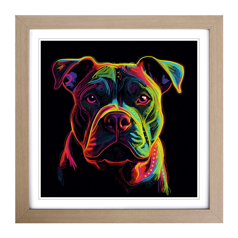Staffordshire Bull Terrier Neon Art - Single Picture Frame Print on Wood, Oak