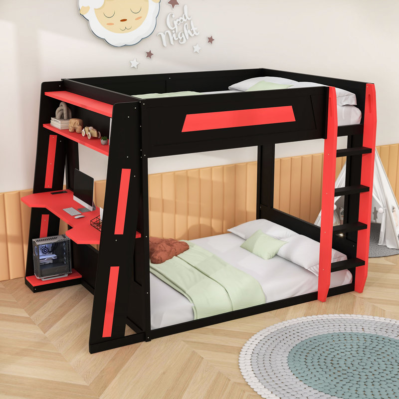 Bunk Bed With Desk, Storage Shelves USB And LED Light, Red, Queen