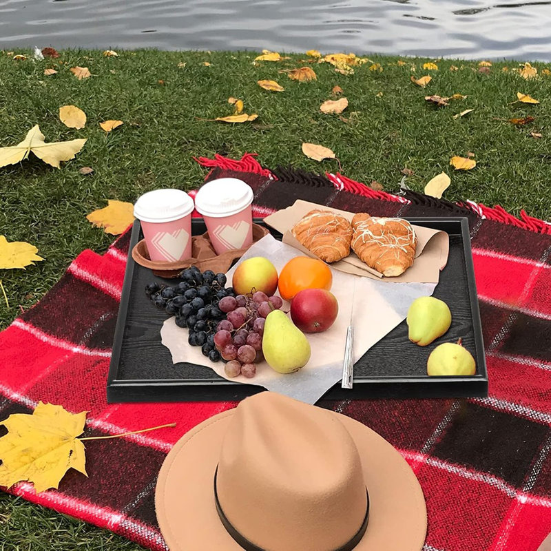 Inches Extra Large Solid Wood Serving Tray For Tea Coffee Table Snack Food Meals Serving Plate Kitchen Party Bar Breakfast Server With Raised Edges Black Wooden Decorative Ottoman Tray