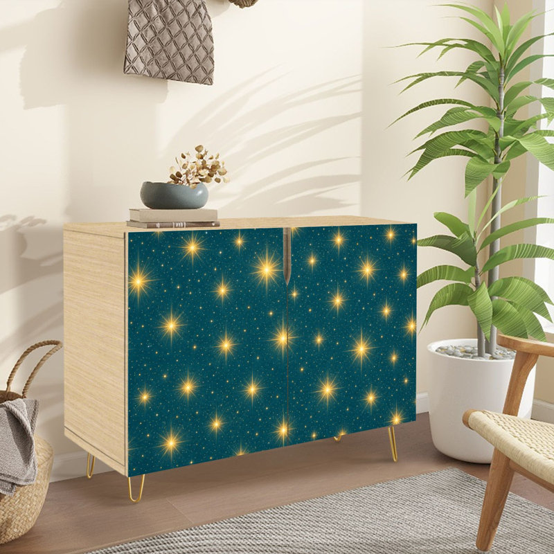 Buffet buffet avec rangement Golden Starry Night Sky bleu sarcelle foncé avec 2 portes pour le salon et la cuisine