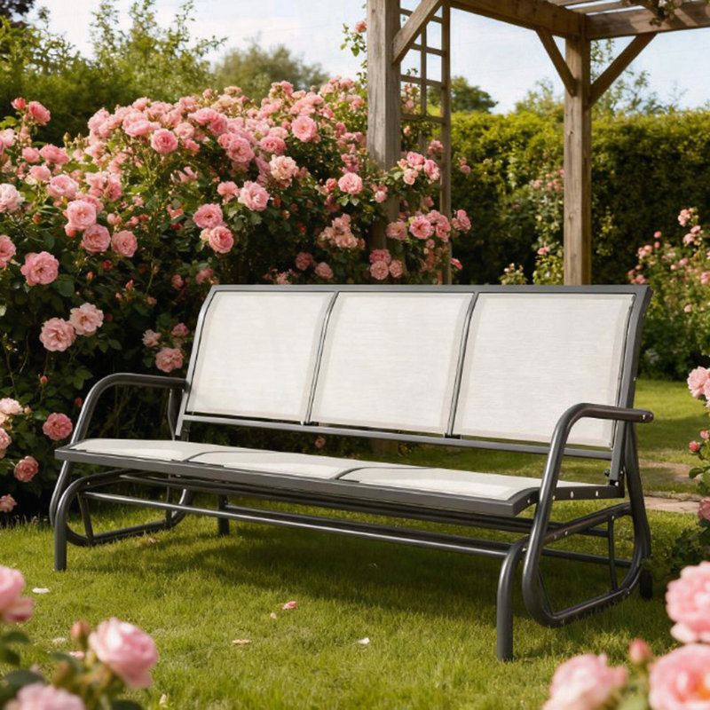 3-Person Porch Glider with Breathable Mesh Fabric and Metal Frame, Cream White