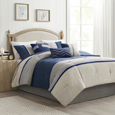 Édredon 7 pièces bleu grand - rembourrage en faux suède lavable à la machine comprenant un édredon, des taies décoratives, des oreillers et une jupe de lit Sweet Dreams