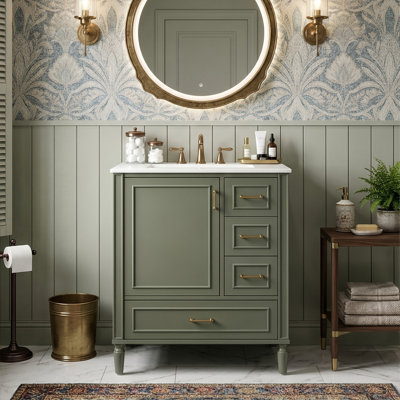 Meuble-lavabo autoportant de 24 po avec lavabo en céramique, armoire moderne avec 3 tiroirs divers, poignées dorées et support de porte