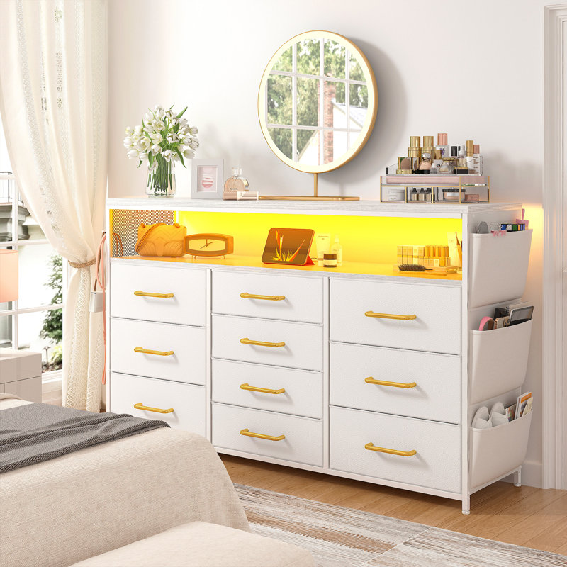43.8" Dresser With Led Lights, Charging Station, 10 Fabric Drawers & Easy Assembly, White