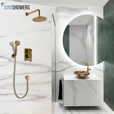 Système de douche mural en laiton antique Juno avec tête de 8 pouces, douche à main et mélangeur à poignée simple