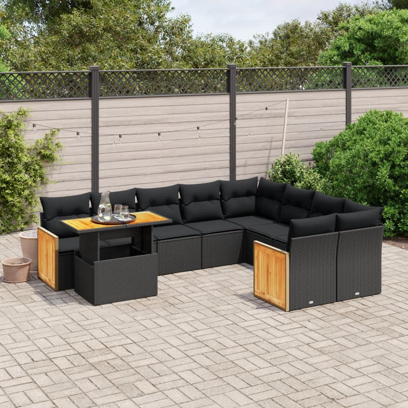  Ensemble de canapé de patio 10 pièces avec coussins en rotin de polyester noir