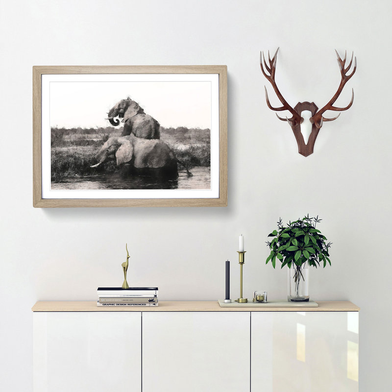 Two Elephants - Picture Frame Graphic Art Print, 62cm H x 87cm W x 2cm D, Oak Framed