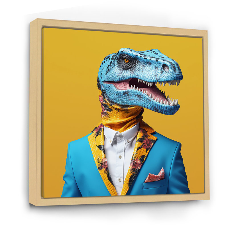Dinosaure bleu et jaune en costume - art de mur de dinosaure, H 30 po x l 30 po x P 1,5 po, Cadre flottant brun