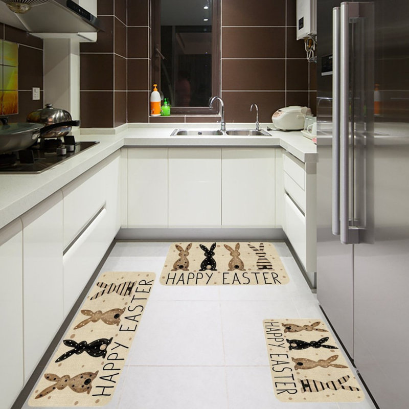 Tapis de cuisine beige pour lapin de Pâques 3 pièces pour cuisine et vestibule