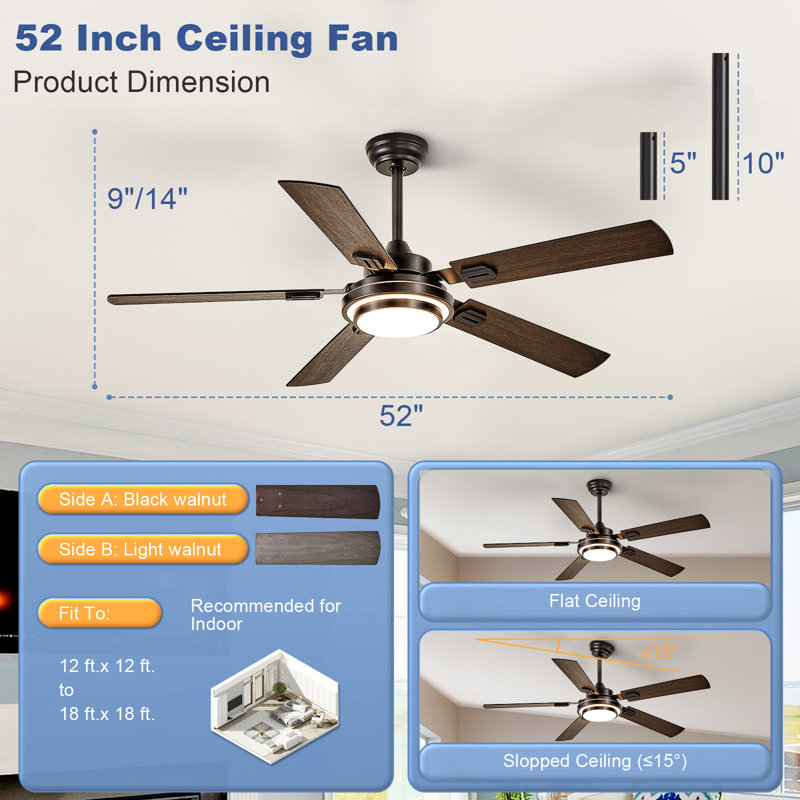 52 Inch Walnut Ceiling Fan with Light, 5-Blade, Gazebo Fan Dual Finish Reversible Remote Control for Living Room & Outdoor Patios, Farmhouse