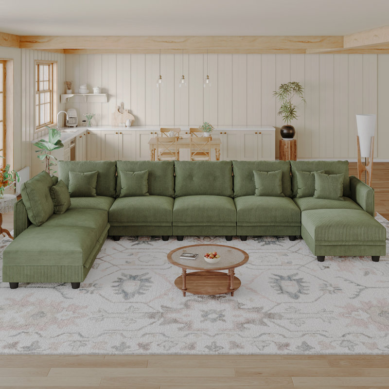 8 Seat Corduroy Convertible Modular Sectional Sofa With Storage, 6 Back Cushion 6 Throw Pillow, Green Corduroy