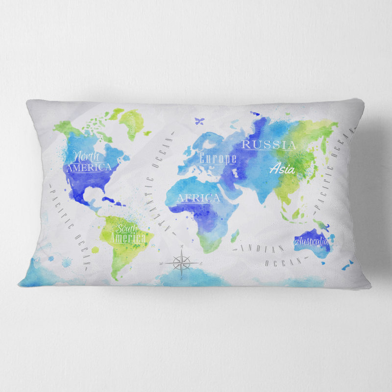 Rectangle, carte du monde en vert et bleu - Coussin décoratif imprimé moderne