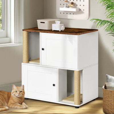 Enceinte de litière double blanche et rétro pour deux chats, avec tablettes, s'adapte à diverses formes de boîtes, motif d'économie d'espace de couche, caractéristique de grattage de chat, tapis adoucissant pour les fuites, particules de haute qualité