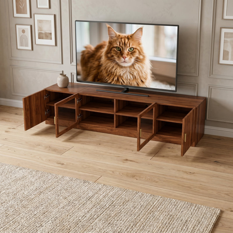 Meuble télé Mid-Century avec lumières DEL, armoires à façade en verre, tablettes réglables et système de gestion des câbles