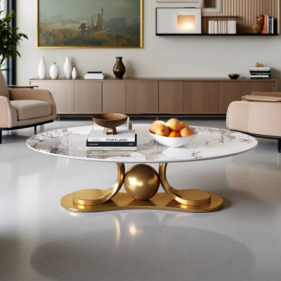 51'' Oval Coffee Table With Sintered Stone Top & Sculptural Gold Stainless Steel Base, Modern Luxury Design