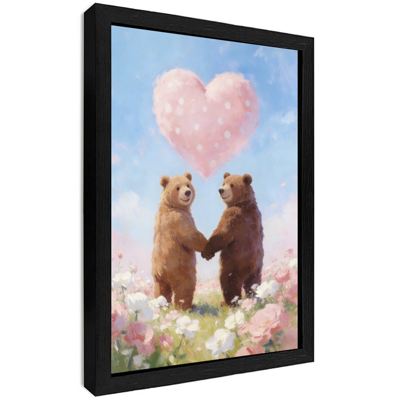 Reproduction d'art encadrée noire, couple d'ours rétro, impression sur toile, thème de la Saint-Valentin, H 25 po x l 17 po