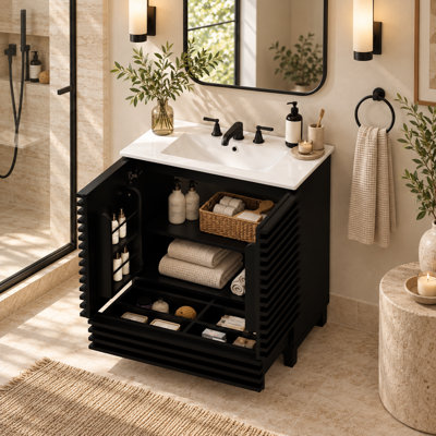 Meuble-lavabo cannelé de 76 cm avec lavabo en céramique et tiroir compartimenté