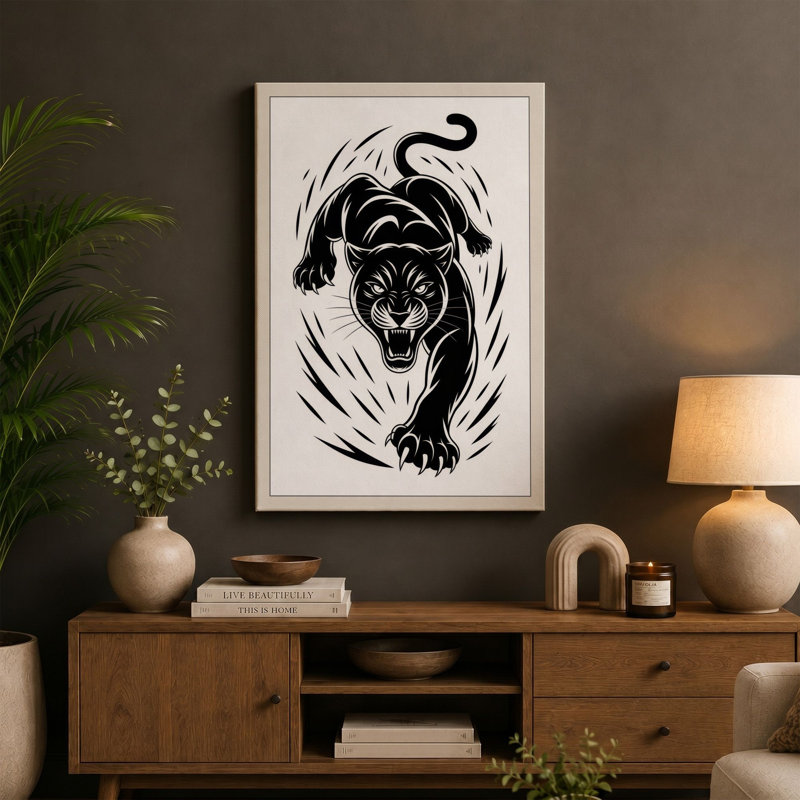 Panther's Lunge Graphic - Print, 24x16 - 61.0 x 40.6 cm, Teal Border