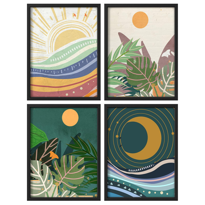 "Plante tropicale avec soleil et lune", Noir, H 14 po x l 11 po