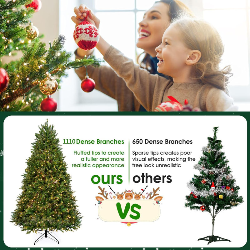 Arbre de Noël de luxe artificiel avec 200 lumières UL multicolores, charnières en métal et base pliable facile à assembler, pour la maison, le bureau et les fêtes