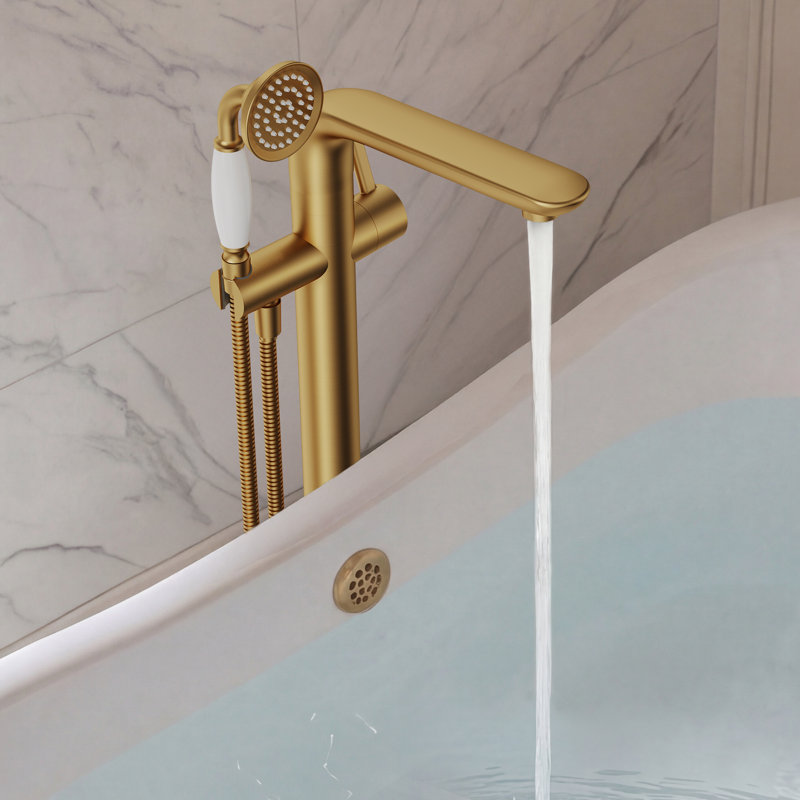 1 Handle Floor Freestanding Tub Filler with Diverter, Brushed Gold