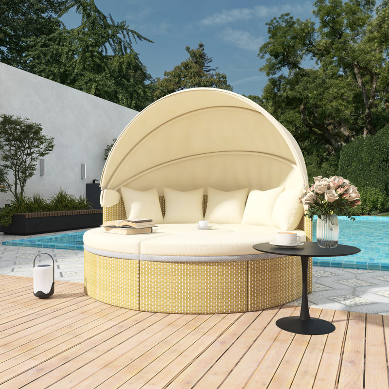Patio Furniture Round Outdoor Sectional Sofa Set Rattan Daybed Two-Tone Weave Sunbed With Retractable Canopy, Separate Seating，Adjustable Table And Removable Beige Cushion